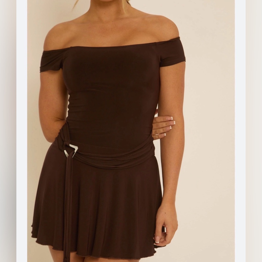 Pretty Little Thing Off-Shoulder Brown Women’s Dress With Belted detail
